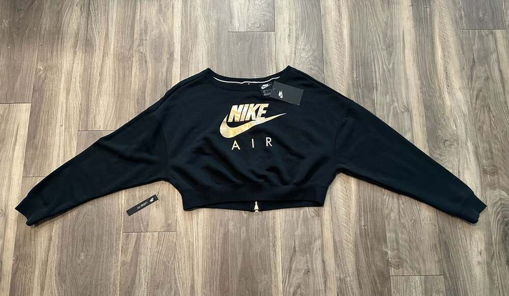 Nike Air Women's Black and Gold Metallic Cropped Sweatshirt Back Zip Size S NWT